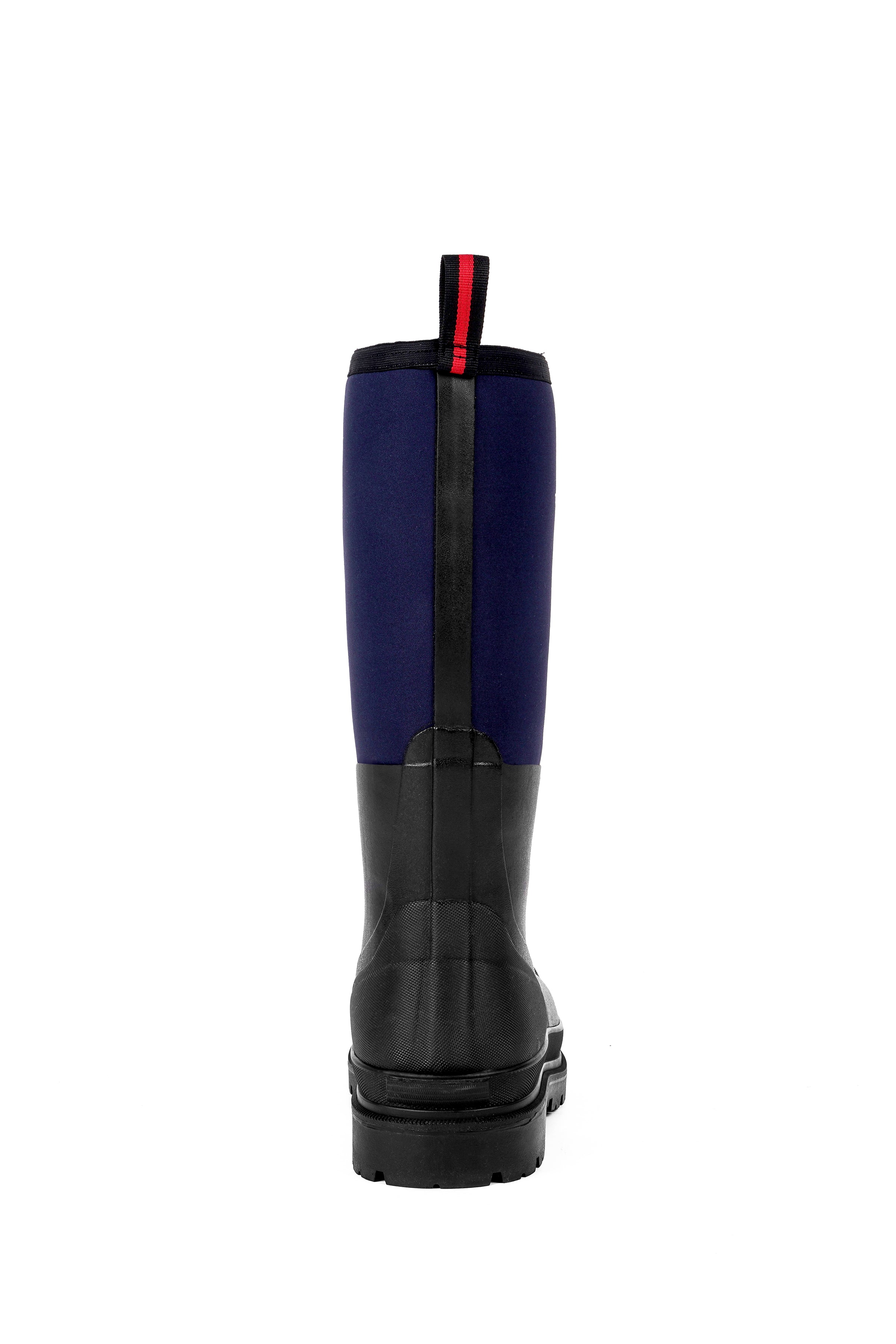 Rear view of Trudave IronShield Series tall waterproof steel toe work boots – blue and black design showing reinforced heel and slip-resistant outsole for tough work conditions